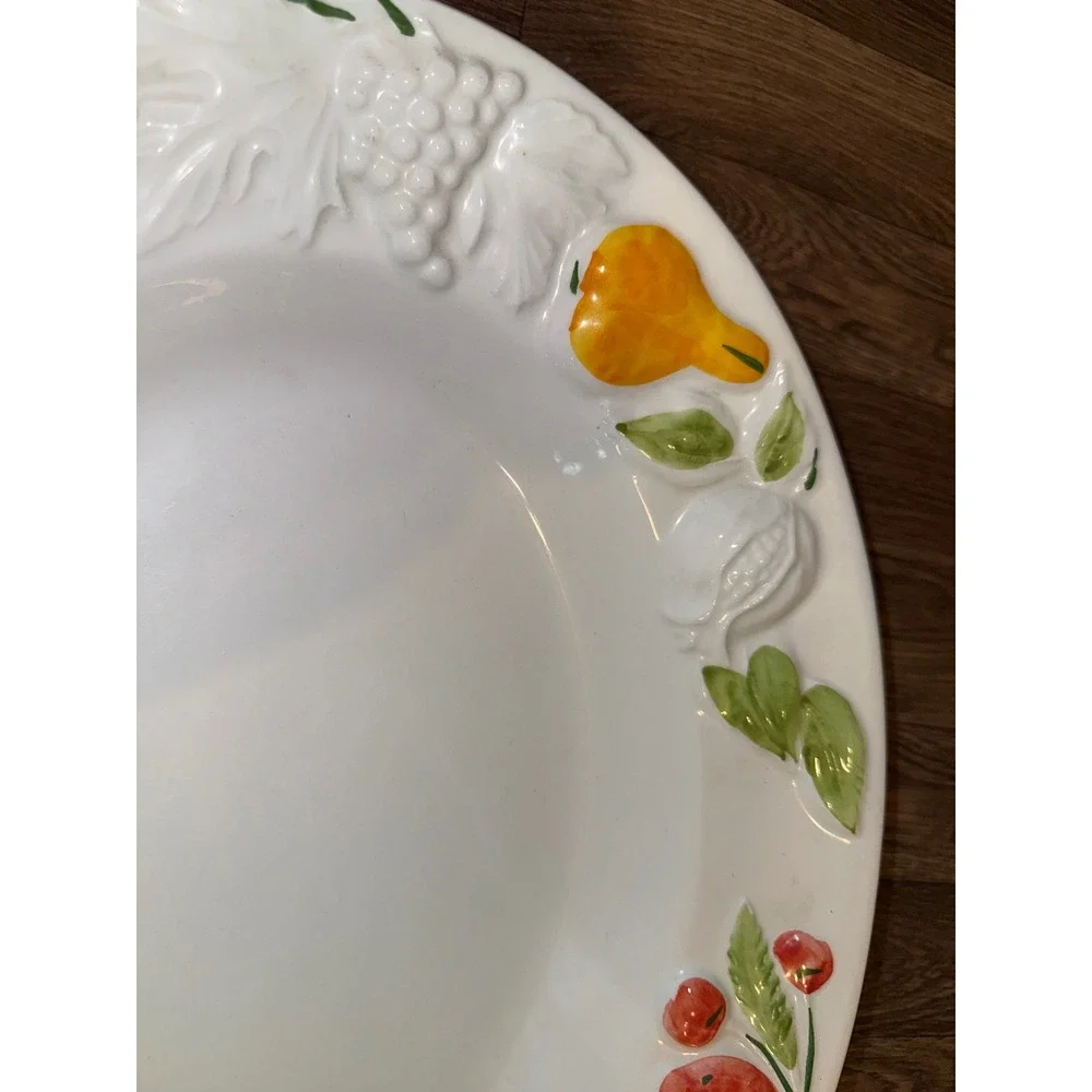 Antica Fornace Italy Embossed Fruit‎ Ceramic Oval Serving Platter White 18.5in